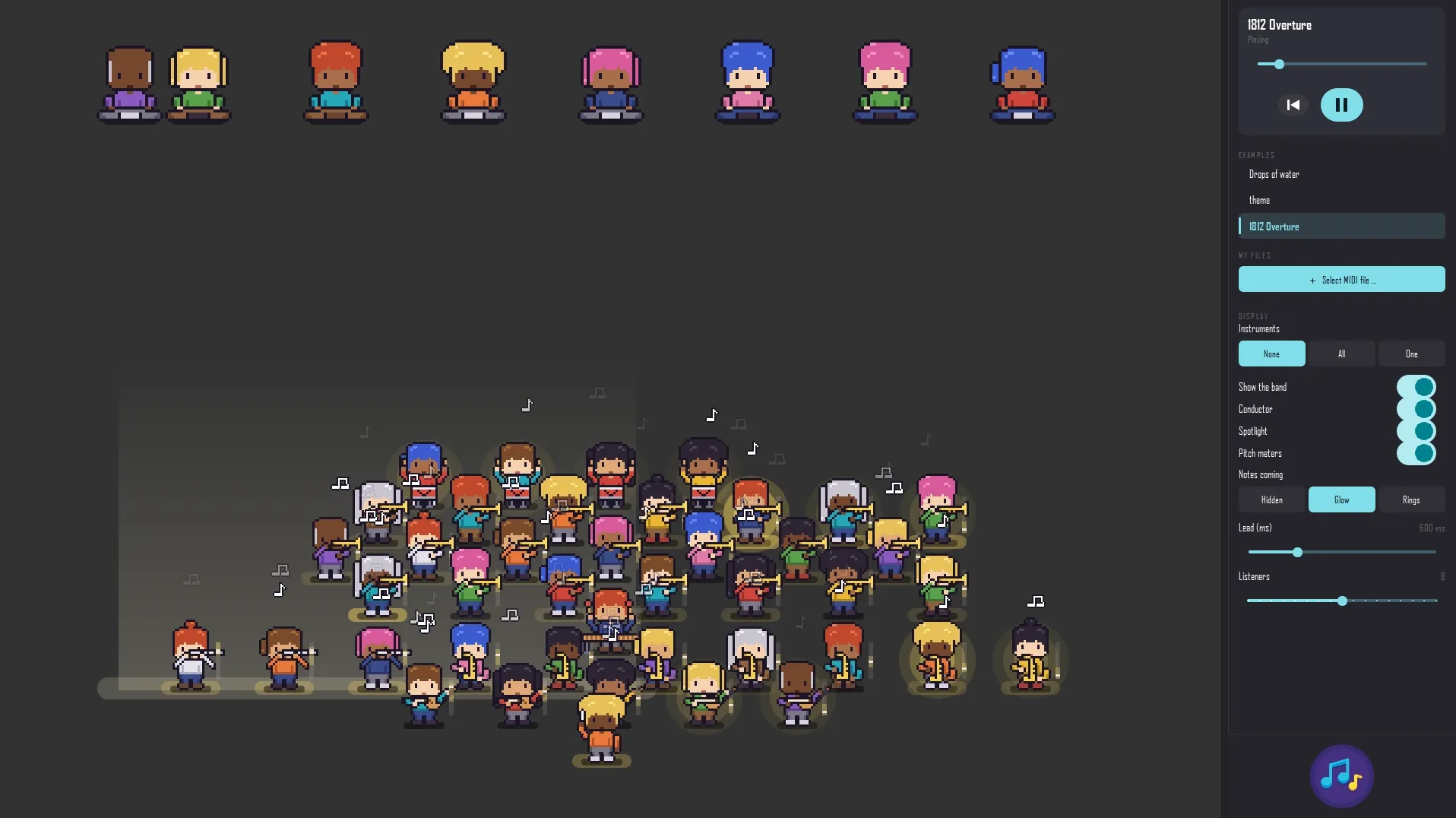 Screenshot of the MIDI player: dozens of pixel-art musicians play the 1812 Overture, with an audience in the balcony.