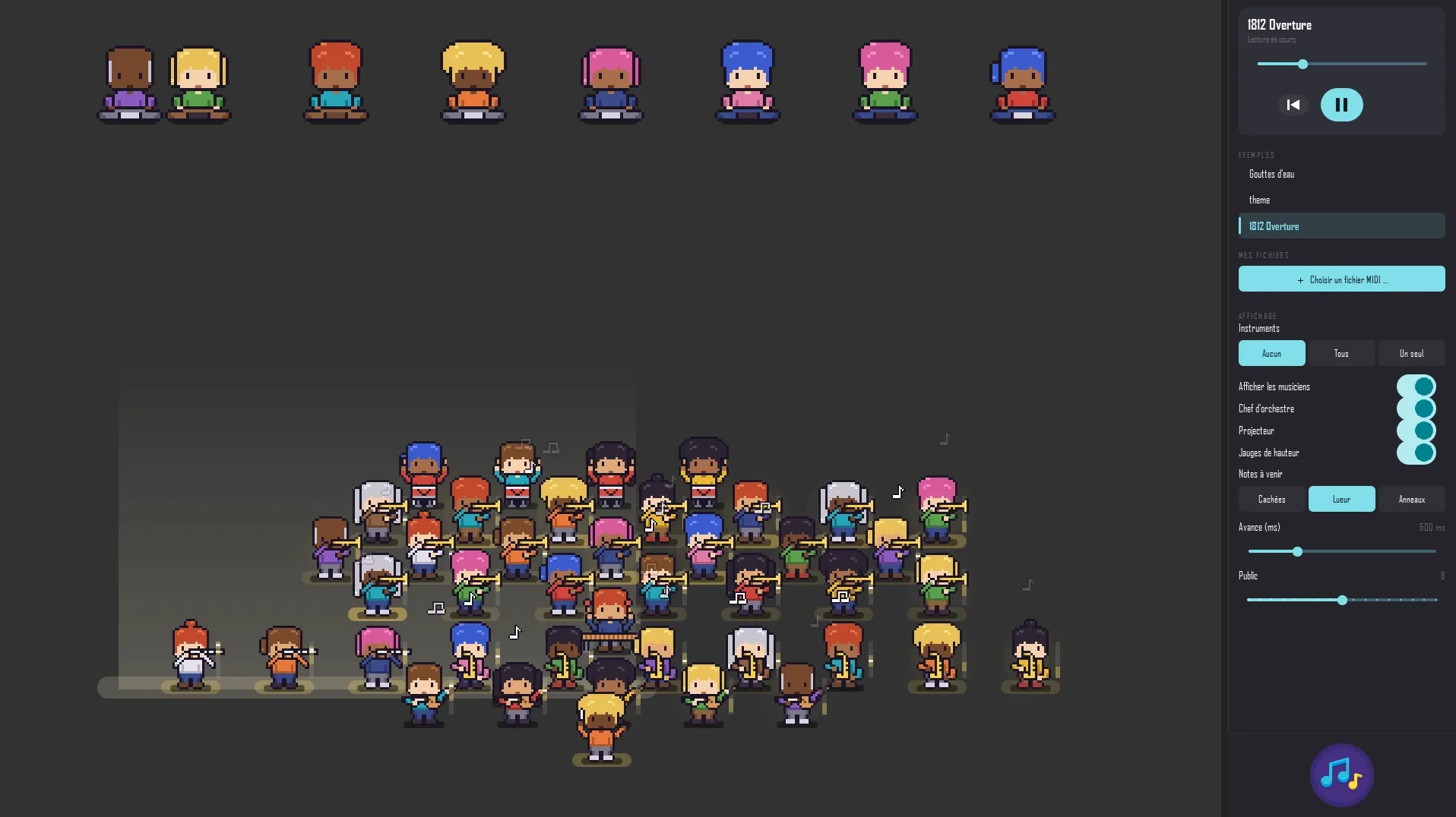 Capture d’écran du lecteur MIDI : des dizaines de musiciens en pixel art jouent l’Ouverture 1812, avec un public au balcon.