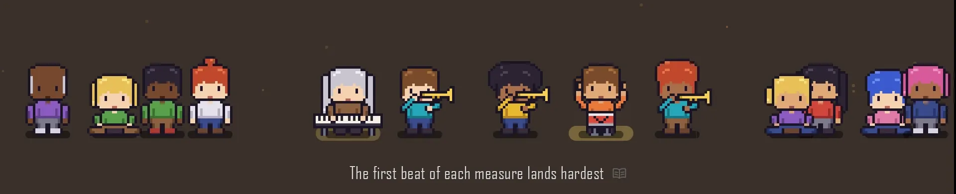 Screenshot of the game: a pixel-art band (keyboard, trumpets, guitar, drums) plays on stage in front of its audience.