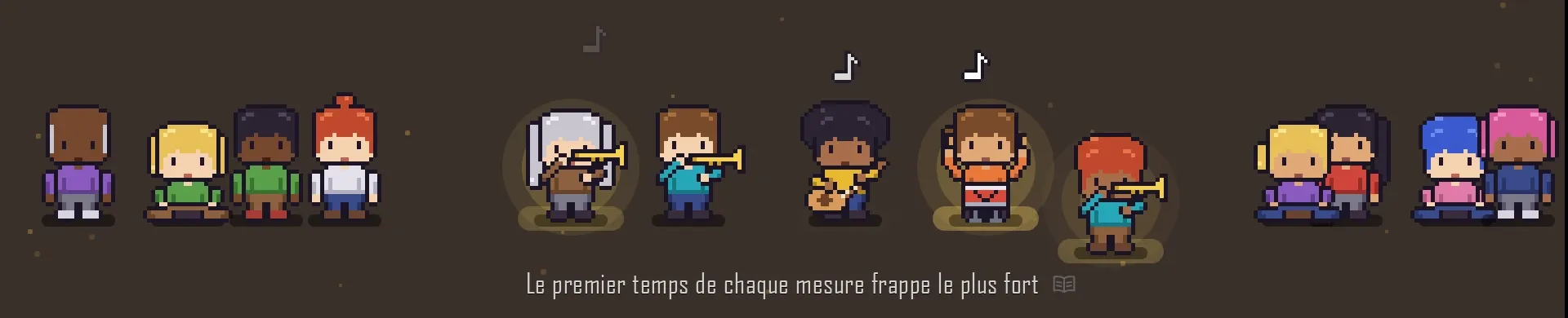 Capture d’écran du jeu : un groupe en pixel art (clavier, trompettes, guitare, batterie) joue sur scène devant son public.